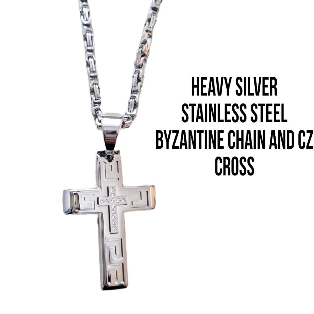 HEAVY SILVER STAINLESS STEEL CZ CROSS W 22" BYZANTINE CHAIN! GORGEOUS